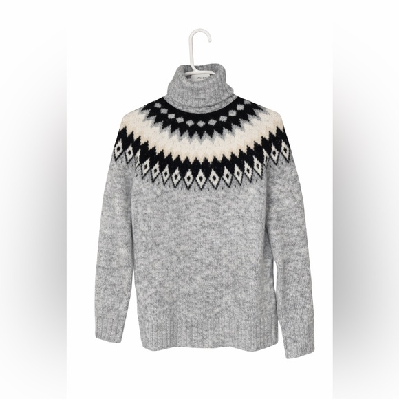 ASPEN Nordic Fair Isle Turtleneck Sweater Gray Black Size XS Cozy Winter - Picture 2 of 11